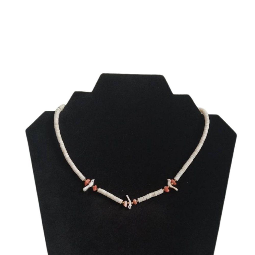 Off White Puka Shell Coral Pink Bird Beaded Choker Style Surfer Summer Necklace